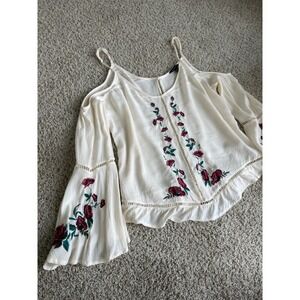 American Eagle Floral Embroidered Cold Shoulder Bell Sleeve Top Ivory Small